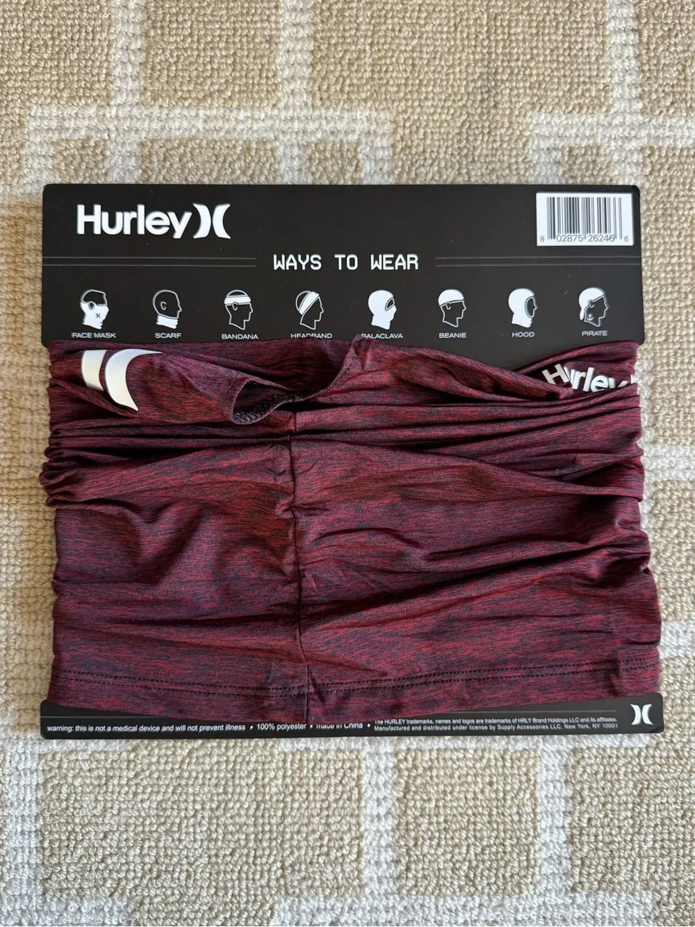 Hurley Multi-Wear Neck Gaiter Face Mask Balaclava Burgundy One Size